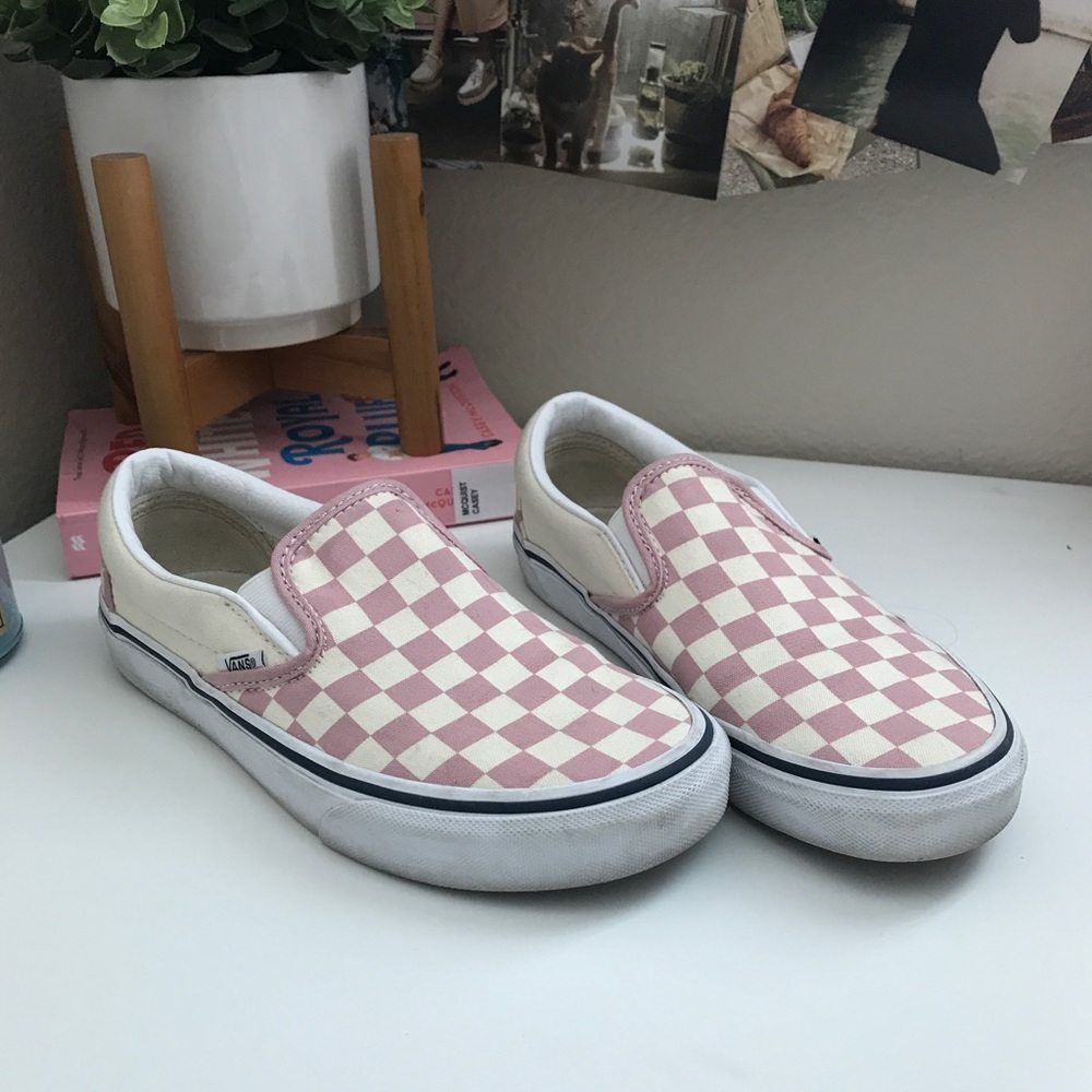 pink checkered slip on VANS